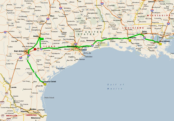 NOTE: Microsoft MapPoint refuses to take Hwy 71 from Bastrop to Austin.  Stupid!