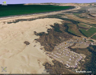 Aerial photo showing RV park and dunes, looking north toward Pismo Beach